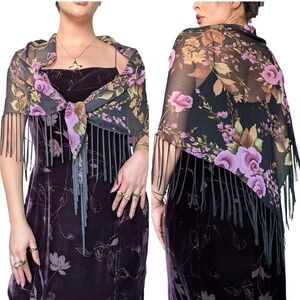 Vintage Y2K Whimsigoth Romantic Rich Purple Floral Fringe Shall Triangle Scarf